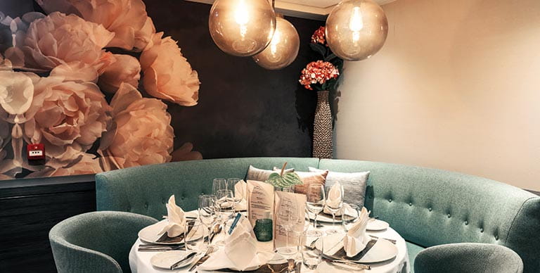 Flowers decorating the walls in the Panorama Restaurant on Spirit of the Rhine